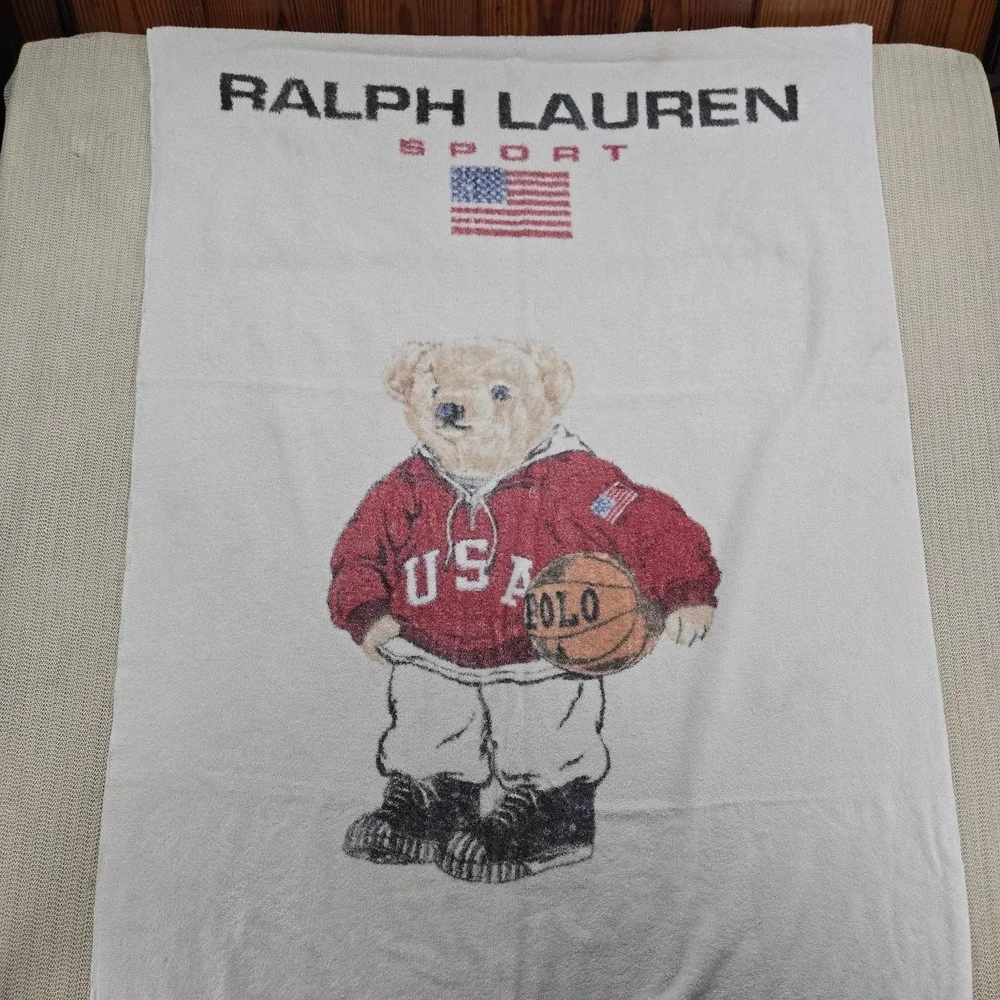 Vintage Ralph Lauren Sport Polo Bear USA Flag Beach Towel 34x66 White Cotton